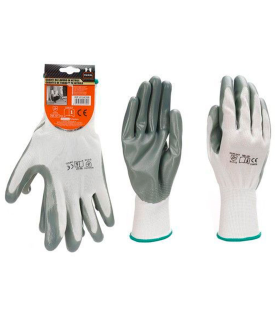 Tradineur - Pack de 6 pares de guantes de trabajo, poliéster y nitrilo resistente, protección mecánica, bricolaje, seguridad, jardinería (Adulto, gris y blanco, Talla 11 - XXL)