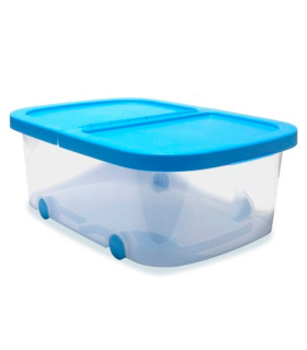 Tradineur - Caja de almacenamiento con ruedas y tapa con doble abertura, plástico, contenedor, juguetes, libros, ropa, mantas, fabricada en España (Azul - 44 litros - 79 x 39 x 20,5 cm)