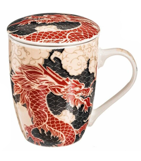 Tradineur - Taza de té de cerámica con filtro de acero inoxidable y tapa, mantiene caliente la infusión, diseño oriental (Dragón, 300 ml, modelo aleatorio)