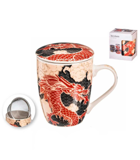 Tradineur - Taza de té de cerámica con filtro de acero inoxidable y tapa, mantiene caliente la infusión, diseño oriental (Dragón, 300 ml, modelo aleatorio)