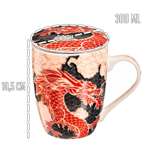 Tradineur - Taza de té de cerámica con filtro de acero inoxidable y tapa, mantiene caliente la infusión, diseño oriental (Dragón, 300 ml, modelo aleatorio)