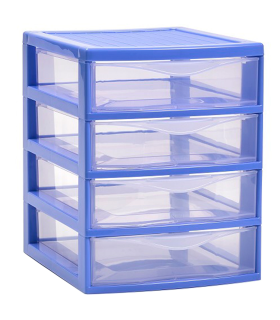 Tradineur - Cajonera de sobremesa guadiana multiusos de plástico, 4 cajones transparentes, fabricada en España (Azul, 22,5 x 18 x 21,5 cm, modelo aleatorio)