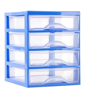 Tradineur - Cajonera de sobremesa guadiana multiusos de plástico, 4 cajones transparentes, fabricada en España (Azul, 22,5 x 18 x 21,5 cm, modelo aleatorio)