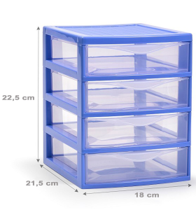 Tradineur - Cajonera de sobremesa guadiana multiusos de plástico, 4 cajones transparentes, fabricada en España (Azul, 22,5 x 18 x 21,5 cm, modelo aleatorio)