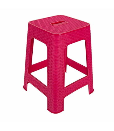 Tradineur - Taburete de plástico con asa Rattan, asiento de 28 x 28 cm, imitación de mimbre, banqueta multiusos, cocina, salón (Magenta - 45,5 x 36,7 x 36,7 cm)