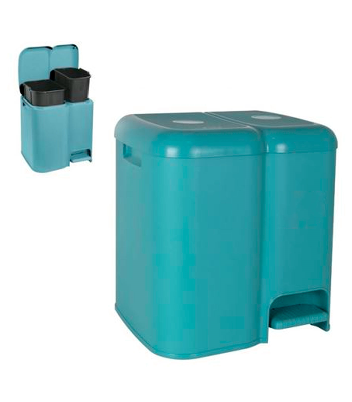 Tradineur - Cubo de basura doble de plástico con tapa, papelera, fácil apertura con pedal, contenedor almacenamiento de residuos, reciclaje, cocina (Azul delfín, 25 litros, 41,5 x 39 x 32 cm)