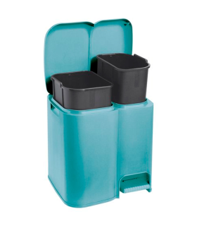 Tradineur - Cubo de basura doble de plástico con tapa, papelera, fácil apertura con pedal, contenedor almacenamiento de residuos, reciclaje, cocina (Azul delfín, 25 litros, 41,5 x 39 x 32 cm)