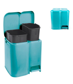 Tradineur - Cubo de basura doble de plástico con tapa, papelera, fácil apertura con pedal, contenedor almacenamiento de residuos, reciclaje, cocina (Azul delfín, 25 litros, 41,5 x 39 x 32 cm)