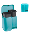 Tradineur - Cubo de basura doble de plástico con tapa, papelera, fácil apertura con pedal, contenedor almacenamiento de residuos, reciclaje, cocina (Azul delfín, 25 litros, 41,5 x 39 x 32 cm)