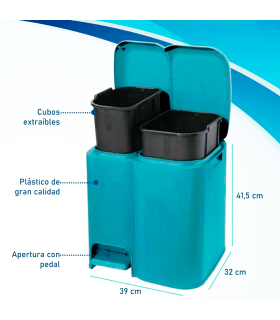 Tradineur - Cubo de basura doble de plástico con tapa, papelera, fácil apertura con pedal, contenedor almacenamiento de residuos, reciclaje, cocina (Azul delfín, 25 litros, 41,5 x 39 x 32 cm)