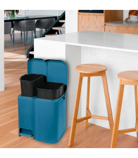 Tradineur - Cubo de basura doble de plástico con tapa, papelera, fácil apertura con pedal, contenedor almacenamiento de residuos, reciclaje, cocina (Azul delfín, 25 litros, 41,5 x 39 x 32 cm)