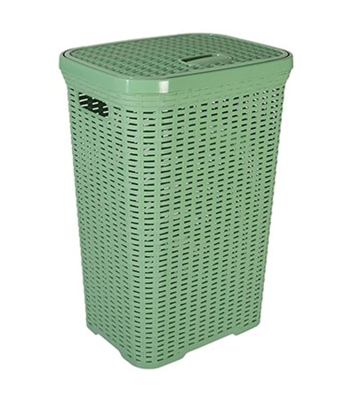 Tradineur - Cesto para ropa sucia con asas y tapa, pongotodo rattan de plástico, cubo para colada, imitación mimbre, fabricado en España (Verde - 60 litros - 62,5 x 43 x 34 cm)