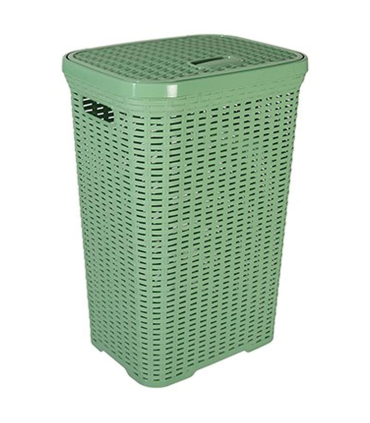 Tradineur - Cesto para ropa sucia con asas y tapa, pongotodo rattan de plástico, cubo para colada, imitación mimbre, fabricado en España (Verde - 60 litros - 62,5 x 43 x 34 cm)