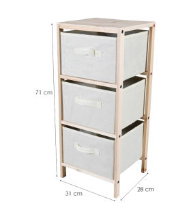 Tradineur - Mesa Auxiliar de madera con 3 Niveles de altura - Almacenamiento y organización - Cajones de tela - Incluye tornillos y manual - 31 x 28 x 71 cm