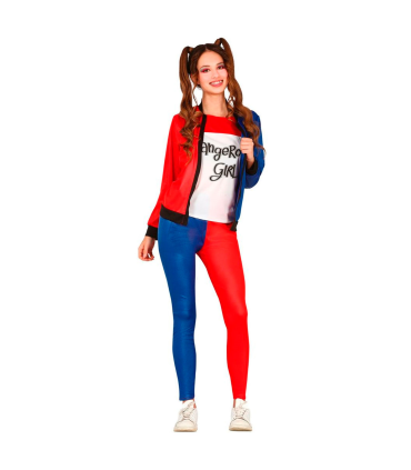 Tradineur - Disfraz de dangerous girl para adolescente, Harley Quinn, poliéster, incluye chaqueta con camiseta y pantalón, atuendo de carnaval, Halloween, cosplay, 14-16 años