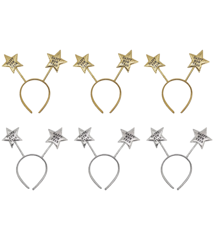 Tradineur - Pack de 6 diademas con estrellas y frase Happy New Year, accesorios, fiestas, año nuevo, disfraces, carnaval, Halloween, cosplay (Adulto, colores aleatorios)