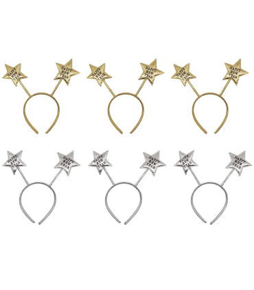 Tradineur - Pack de 6 diademas con estrellas y frase Happy New Year, accesorios, fiestas, año nuevo, disfraces, carnaval, Halloween, cosplay (Adulto, colores aleatorios)