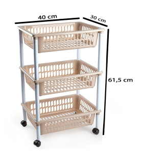 Tradineur - Carrito verdulero modelo PLFT de plástico, 3 cestas, incluye ruedas, portaobjetos, organizador de frutas, verduras, fabricado en España (Beige - 61,5 x 40 x 30 cm)