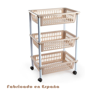 Tradineur - Carrito verdulero modelo PLFT de plástico, 3 cestas, incluye ruedas, portaobjetos, organizador de frutas, verduras, fabricado en España (Beige - 61,5 x 40 x 30 cm)