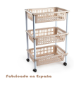 Tradineur - Carrito verdulero modelo PLFT de plástico, 3 cestas, incluye ruedas, portaobjetos, organizador de frutas, verduras, fabricado en España (Beige - 61,5 x 40 x 30 cm)