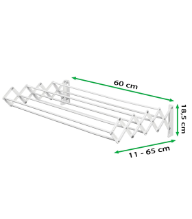 Tradineur - Tendedero extensible metálico para pared, 5,4 metros de tendido, soporte plegable para tender ropa (Blanco, 60 x 11-65 x 18,5 cm)