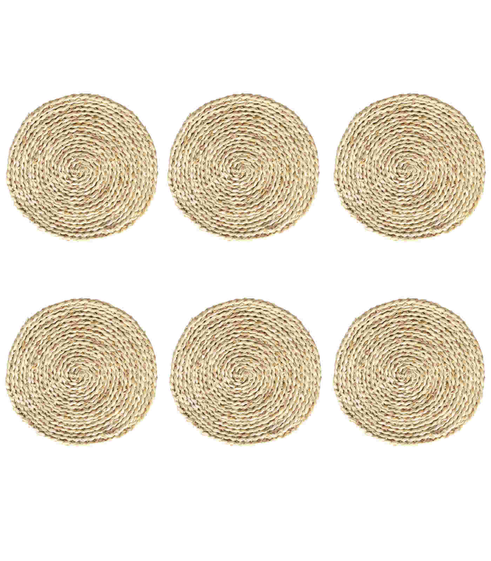 Pack de 6 salvamanteles realizados en paja, con forma redonda, de 30 cm de diámetro y 1,5 cm de alto, para colocar utensilios de cocina. Set de 6 manteles individuales antideslizantes para hogar.