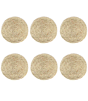 Pack de 6 salvamanteles realizados en paja, con forma redonda, de 30 cm de diámetro y 1,5 cm de alto, para colocar utensilios de cocina. Set de 6 manteles individuales antideslizantes para hogar.