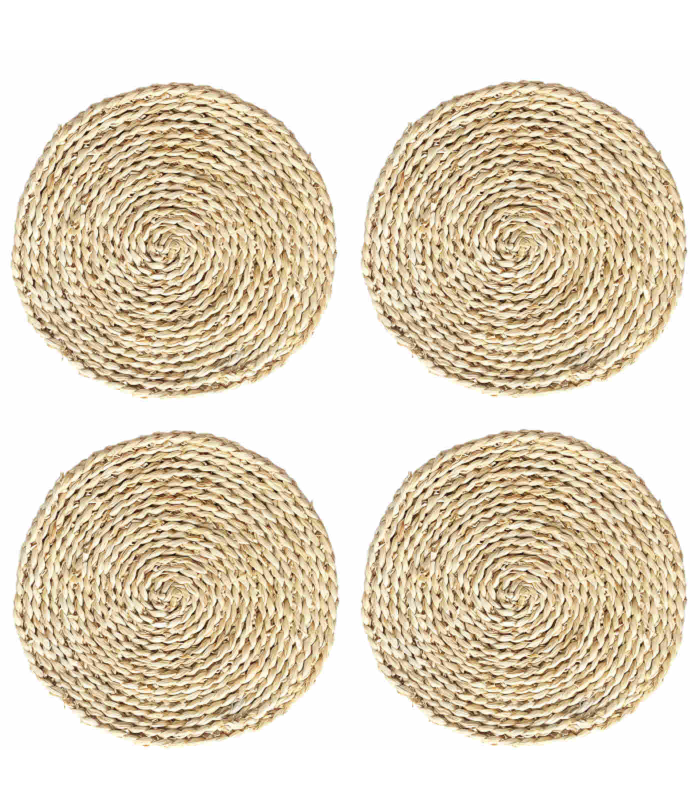 Pack de 4 salvamanteles realizados en paja, con forma redonda, de 30 cm de diámetro y 1,5 cm de alto, para colocar utensilios de cocina. Set de 4 manteles individuales antideslizantes para hogar.