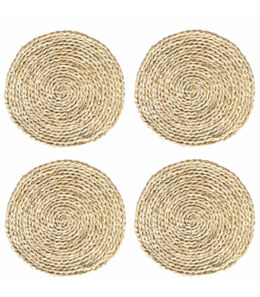 Pack de 4 salvamanteles realizados en paja, con forma redonda, de 30 cm de diámetro y 1,5 cm de alto, para colocar utensilios de cocina. Set de 4 manteles individuales antideslizantes para hogar.