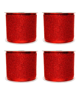 Tradineur - Pack de 4 cintas de navidad con glitter, poliéster, purpurina brillante, decoración árbol navideño, envolver regalos, adornos, manualidades - 5 cm x 2,7 m - Rojo