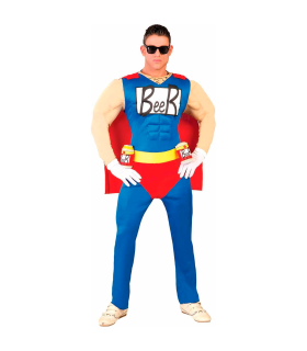 Tradineur - Disfraz de Beerman para adulto, 100% poliéster, incluye mono, capa y cinturón para cervezas, superhéroe, atuendo musculoso de carnaval, Halloween, cosplay (Hombre, Talla XL)