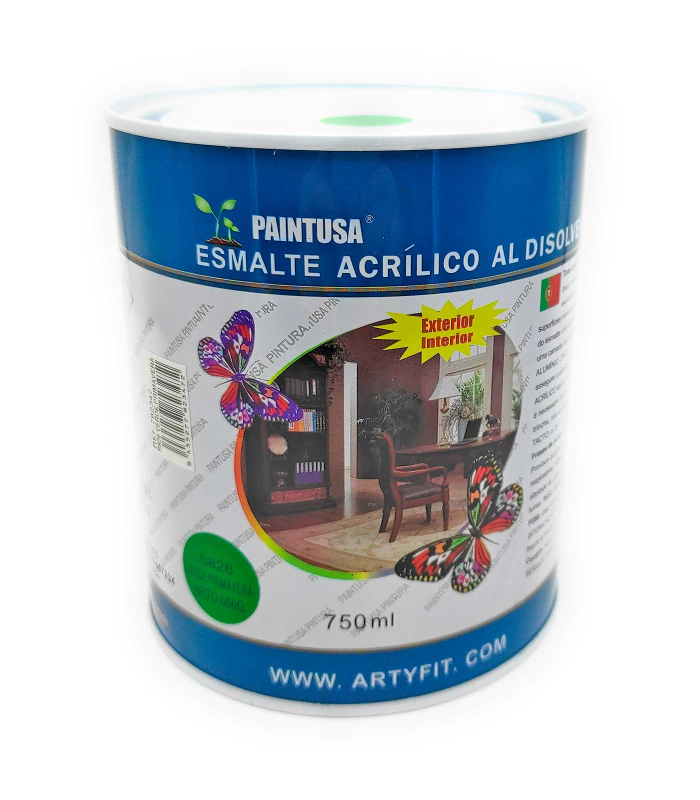 Paintusa -  Bote de pintura esmalte verde primavera S826 750 ml, válido para multitud de superficies de interior y exterior. Esmalte al disolvente, válido para distintos materiales de 12 x 10  x 10 cm