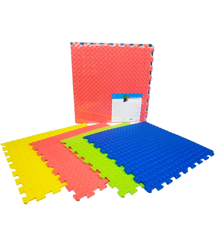 Tradineur - Pack 4 baldosas de goma eva de colores, 60 x 60 x 1 cm, 8 enganches, superficie rugosa, esterilla puzzle para suelo de fitness y gimnasio, alfombrilla de protección espuma