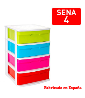 Tradineur - Cajonera de plástico Sena, 4 cajones multicolor, torre de ordenación multiusos, almacenaje, escuela, hogar, fabricada en España (Blancolor, Cajones Color Aleatorio, 65 x 40 x 39 cm)