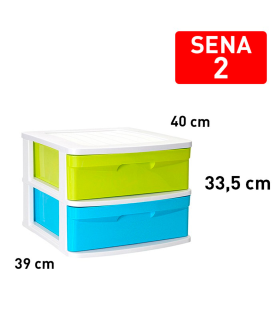 Tradineur - Cajonera de plástico Sena, 2 cajones multicolor, multiusos, ordenación, almacenaje, escuela, hogar, fabricada en España (Blancolor, Cajones Color Aleatorios, 33,5 x 40 x 39 cm)