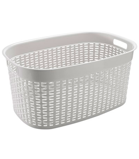 Tradineur - Cesta rectangular ovalada de plástico con asas para la colada, diseño rattan, imitación de mimbre, fabricada en España (Blanco - 44 litros - 58 x 39 x 27 cm)