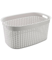 Tradineur - Cesta rectangular ovalada de plástico con asas para la colada, diseño rattan, imitación de mimbre, fabricada en España (Blanco - 44 litros - 58 x 39 x 27 cm)