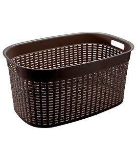 Tradineur - Cesta rectangular ovalada de plástico con asas para colada, diseño rattan, imitación de mimbre, fabricada en España (Wengué - 44 litros - 58 x 39 x 27 cm)