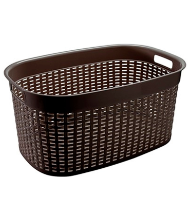 Tradineur - Cesta rectangular ovalada de plástico con asas para colada, diseño rattan, imitación de mimbre, fabricada en España (Wengué - 44 litros - 58 x 39 x 27 cm)