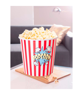 Tradineur - Cubo de palomitas redondo de plástico, recipiente reutilizable para cine en casa, fiestas, celebraciones (Rojo y blanco, 19 x 20,5 cm)