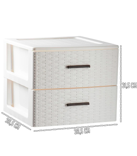 Tradineur - Cajonera de ordenación Rattan de plástico - 2 cajones - Torre de almacenaje multiusos, organizador auxiliar, almacenamiento, baño - 31,5 x 39,5 x 36,5 cm - Color Blanco Roto