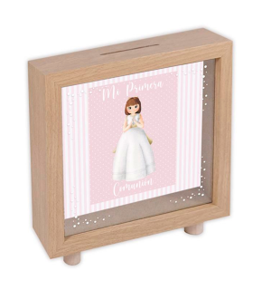 Tradineur - Hucha de Primera Comunión, madera y cristal estampado, personalizable con foto de 13,3 x 13,3 cm, regalo orignal, 16,5 x 15 x 5 cm (Color madera - Niña)