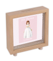 Tradineur - Hucha de Primera Comunión, madera y cristal estampado, personalizable con foto de 13,3 x 13,3 cm, regalo orignal, 16,5 x 15 x 5 cm (Color madera - Niña)