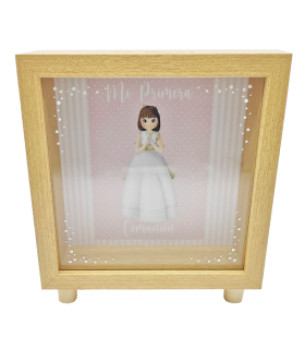 Tradineur - Hucha de Primera Comunión, madera y cristal estampado, personalizable con foto de 13,3 x 13,3 cm, regalo orignal, 16,5 x 15 x 5 cm (Color madera - Niña)