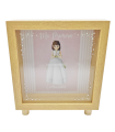 Tradineur - Hucha de Primera Comunión, madera y cristal estampado, personalizable con foto de 13,3 x 13,3 cm, regalo orignal, 16,5 x 15 x 5 cm (Color madera - Niña)