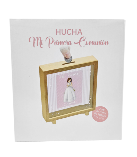 Tradineur - Hucha de Primera Comunión, madera y cristal estampado, personalizable con foto de 13,3 x 13,3 cm, regalo orignal, 16,5 x 15 x 5 cm (Color madera - Niña)