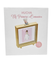 Tradineur - Hucha de Primera Comunión, madera y cristal estampado, personalizable con foto de 13,3 x 13,3 cm, regalo orignal, 16,5 x 15 x 5 cm (Color madera - Niña)