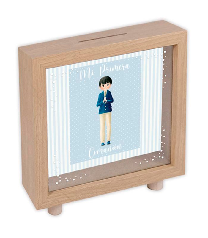 Tradineur - Hucha de Primera Comunión, madera y cristal estampado, personalizable con foto de 13,3 x 13,3 cm, regalo orignal, 16,5 x 15 x 5 cm (Color madera - Niño)