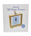 Tradineur - Hucha de Primera Comunión, madera y cristal estampado, personalizable con foto de 13,3 x 13,3 cm, regalo orignal, 16,5 x 15 x 5 cm (Color madera - Niño)