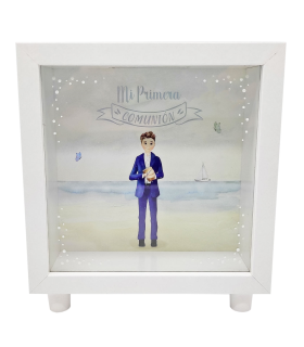 Tradineur - Hucha de Primera Comunión, madera y cristal estampado, personalizable con foto de 13,3 x 13,3 cm, regalo original, 16,5 x 15 x 5 cm (Blanco - Niño)